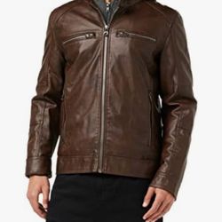 Men’s Guess Faux Leather Hooded Moto Jacket L