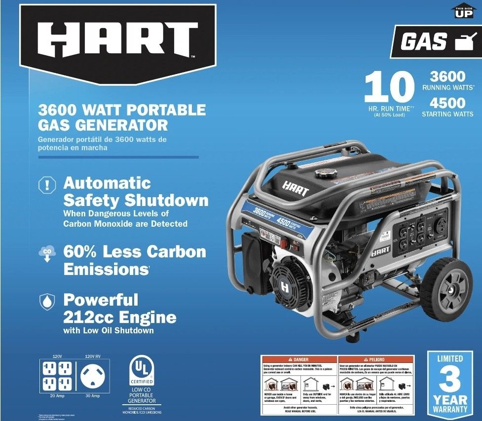 Hart 3600W UL Generator with CO Protection & Auto Shutdown