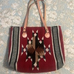 Large Southwestern Wool Blanket Purse Tote With Leather Straps