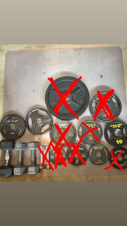 Olympic Wight Plates, Dumbbells, Curl Bar, and Olympic Bars (NOT $1)