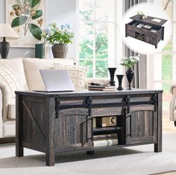 New in box Farmhouse Lift Top Coffee Table with Sliding Door, 48" Large Rustic Center Table with Hidden Storage Compartment, Lifting Tabletop, Adjusta