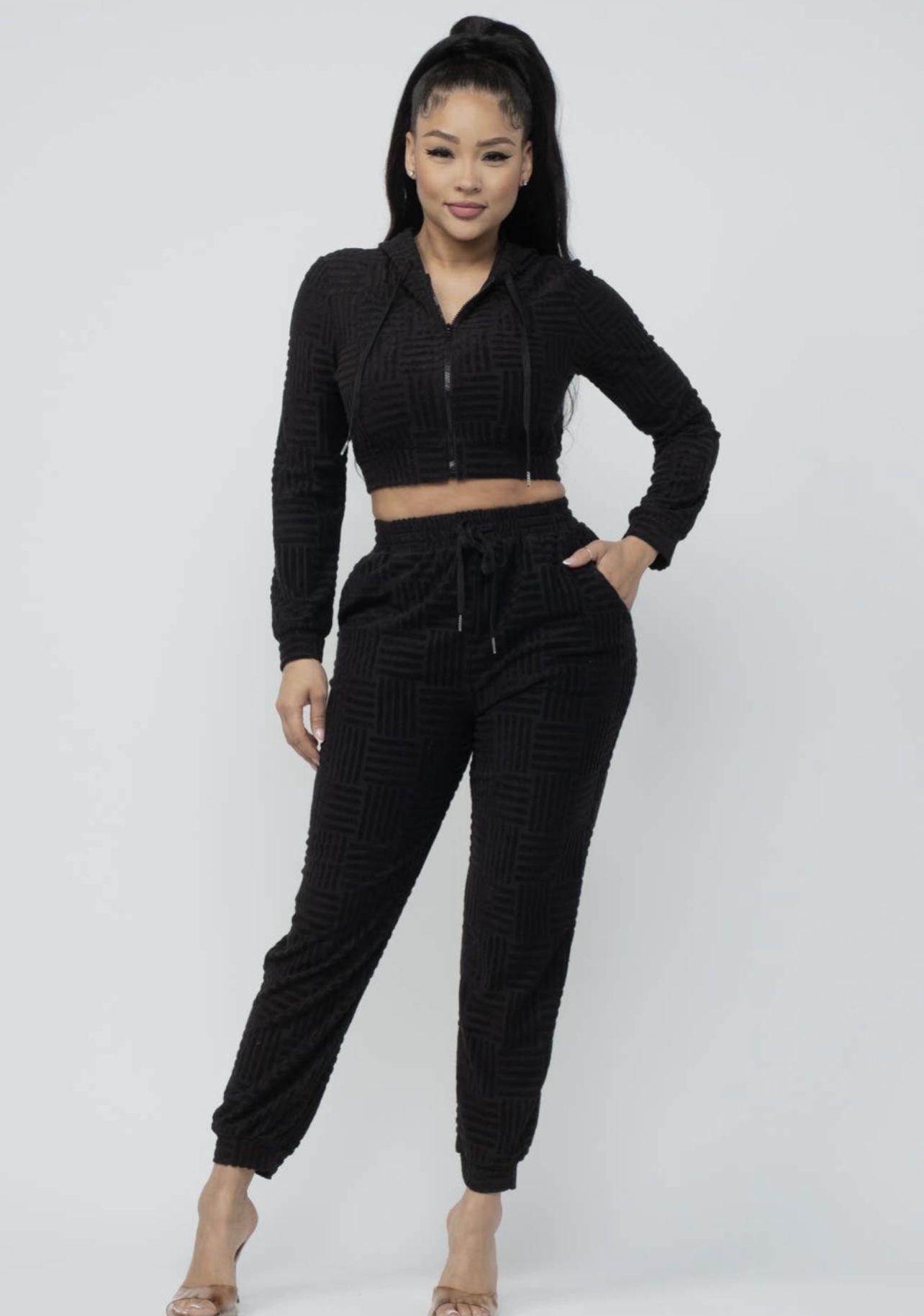 Women Two-Piece Crop Top Jogger Set, Black, Small