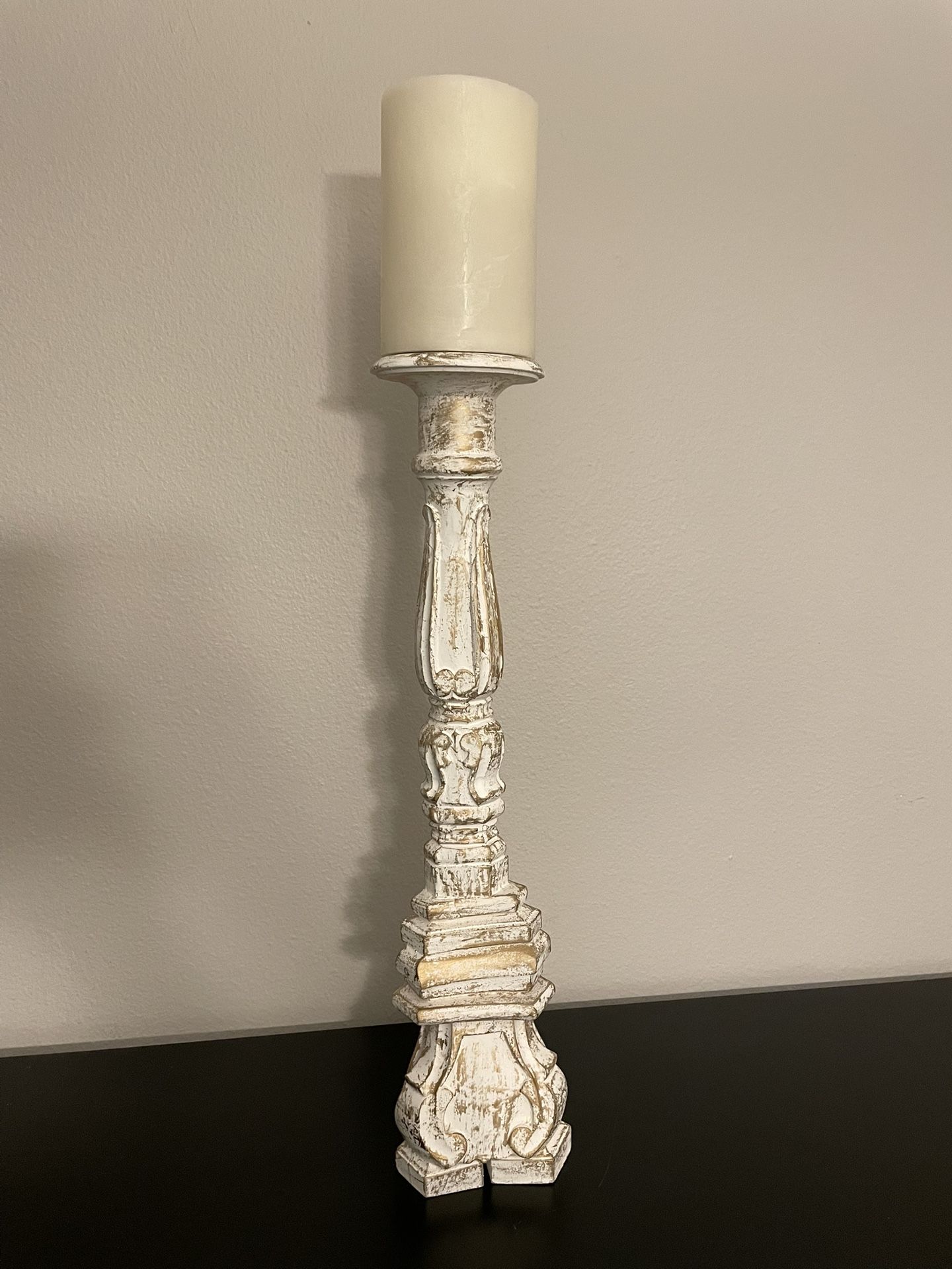 Vintage-Style Distressed Candle Holder  20 ¾” Tall with LED Wax Candle