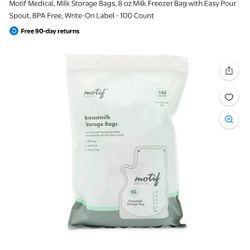 Motif Medical, Milk Storage Bags, 8 oz Milk Freezer Bag with Easy Pour Spout, BPA Free, Write-On Label - 100 Count
