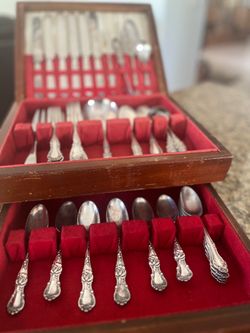 Silver Flatware Set in Wooden Storage Case