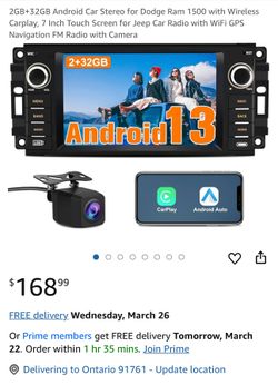 2GB+32GB Android Car Stereo for Dodge Ram 1500 with Wireless Carplay, 7 Inch Touch Screen for Jeep Car Radio with WiFi GPS Navigation FM Radio with Ca