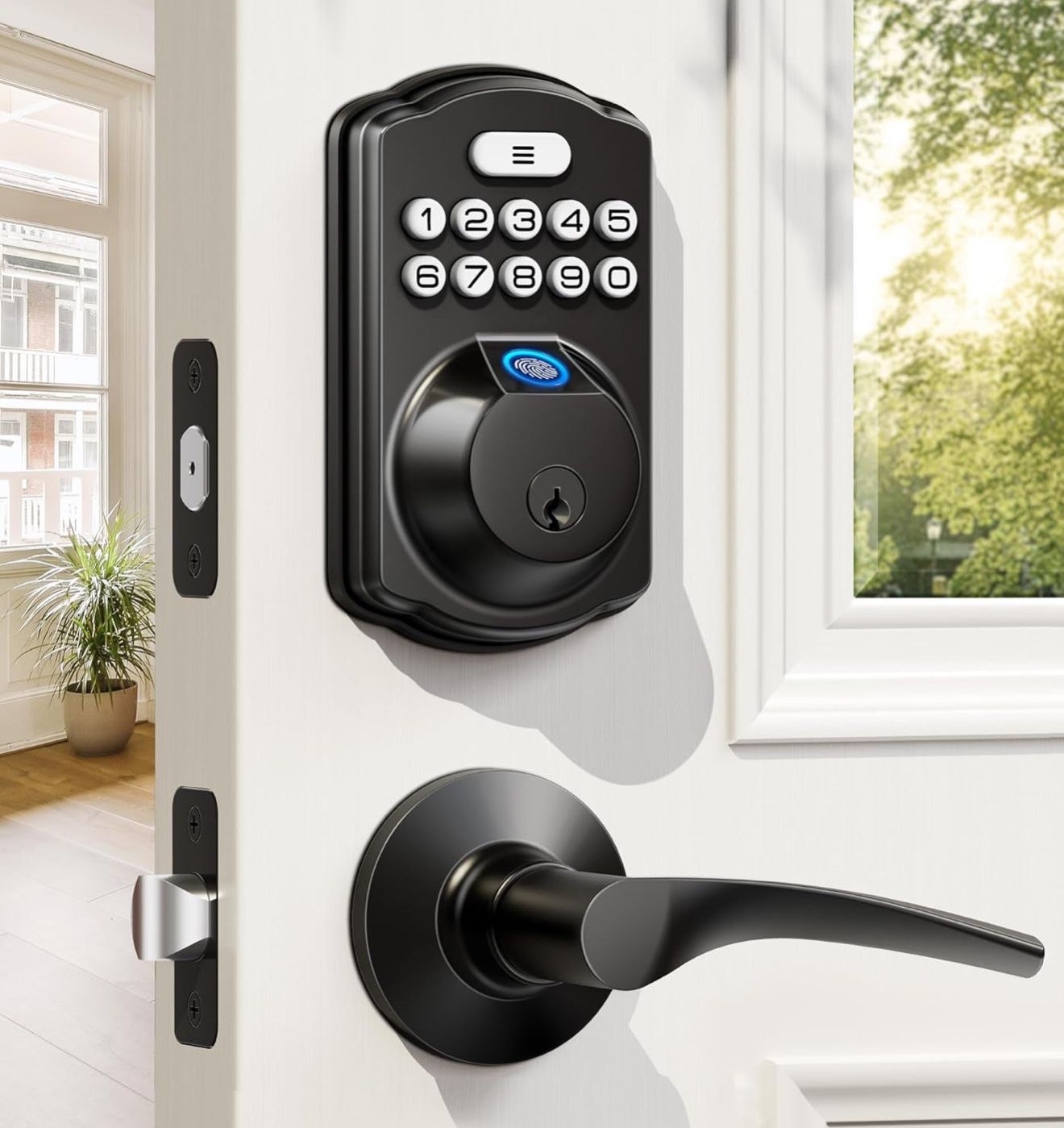 Veise Fingerprint Door Lock with 2 Lever Handles - Keyless Entry Door Lock, Electronic Keypad Deadbolt, Digital Smart Code & Front Handle Sets, Auto-L
