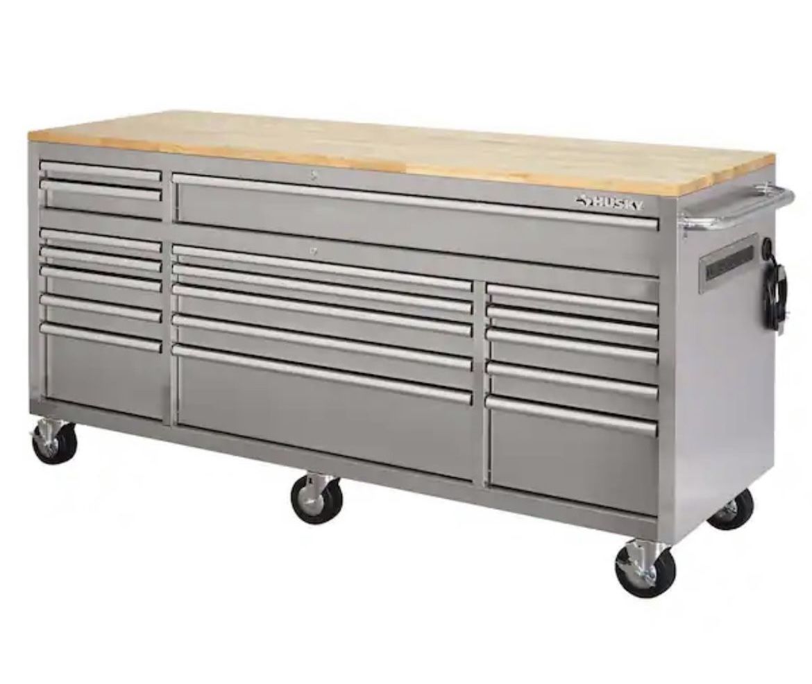 🚨FATHER’S DAY🚨 HUSKY 72 in. x 24 in. D Standard Duty 18-Drawer Mobile Workbench Tool Chest with Solid Wood Top in Stainless Steel