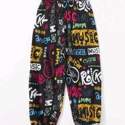 Colorful Amd Black Street Art Letter Graphic Print Tapered Pants Bottoms Large