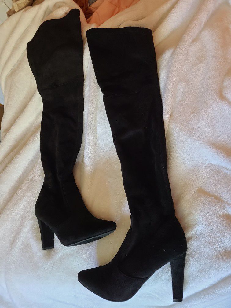 Suede Chunky Heel Thigh High Over The Knee Boots