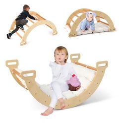 Wooden Arch Climber Rocker with Soft Cushion, 4 in 1 Montessori Climbing Ladder Toys for Toddlers, Waldorf Indoor Baby Children Ladder Gym Learning 