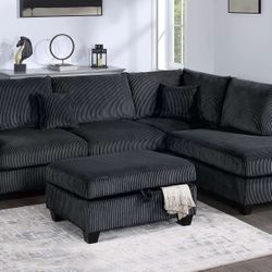 Brand New Black Corduroy Sectional Sofa w Storage Ottoman 