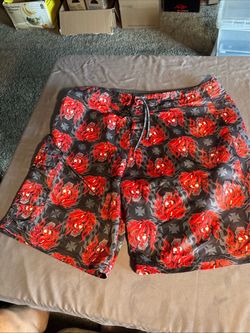 VTG No Fear Red Devil Girl Flame Board Shorts Size 38 Y2K Iron Cross Vintage