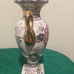 Cream, pink, pedestal vase Swan handles, pink, purple, flowers, gold accents, vintage