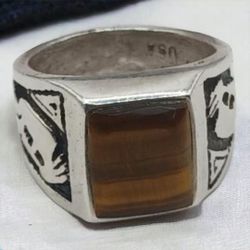 Vintage Men's Sterling Tiger's Eye  Pinky Ring, Size 5,