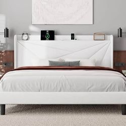 Feonase King Size Bed Frame with Charging Station, Upholstered Platform BedFrame 