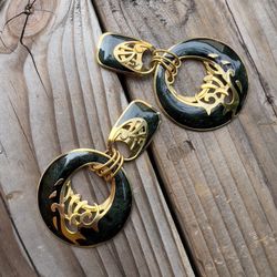 EDGAR BEREBI Signed Vintage Gold Plated Enameled Green Statement Pierce Earrings