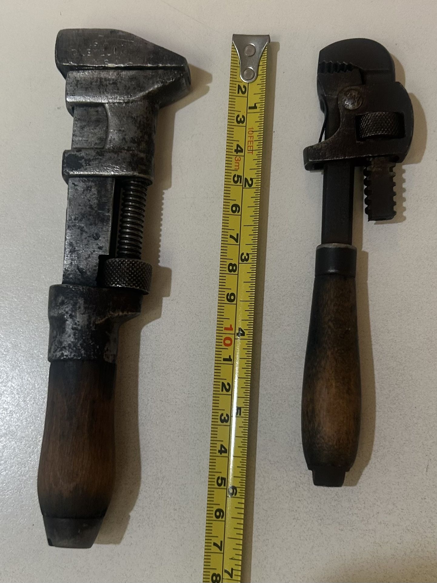 2 - Vintage Wood Handled Wrenches --- P. S & W Monkey Wrench 6.75" + Stillson Pipe Wrench 6"