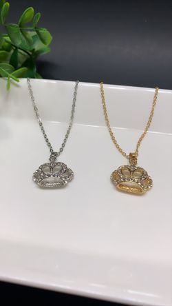 Crown Choker Crystal Pendant Necklace Elegant Jewelry, 2-Set (Silver and Gold)