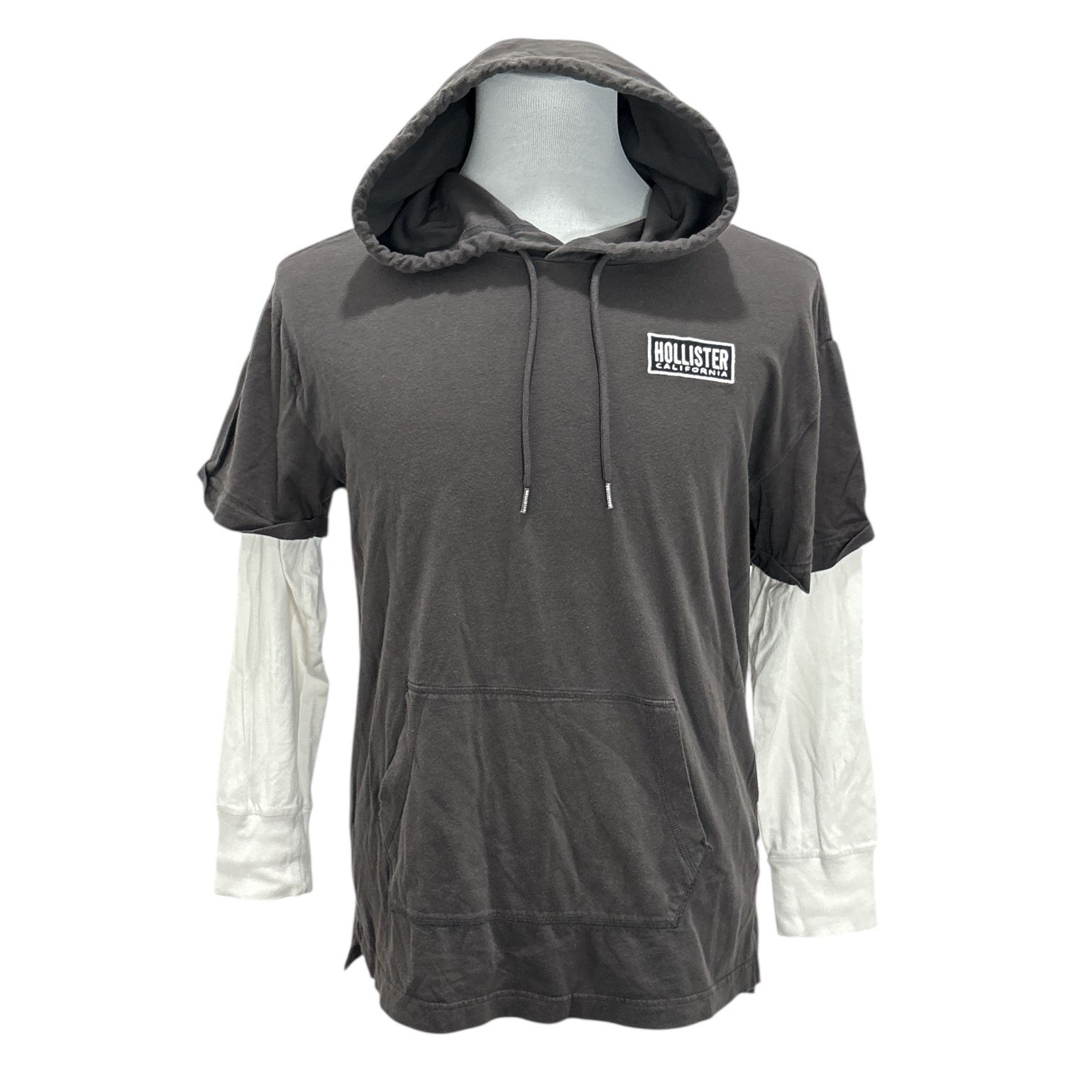 Hollister California Men's Hooded Tee Shirt Grey w/White Long Sleeve Small