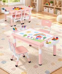 Kids Table & 2 Chairs Set, Adjustable Heights, Storage, Pink Graffiti & Building Blocks Tabletop, Children Activity Table Toddler Furniture Set for Pl