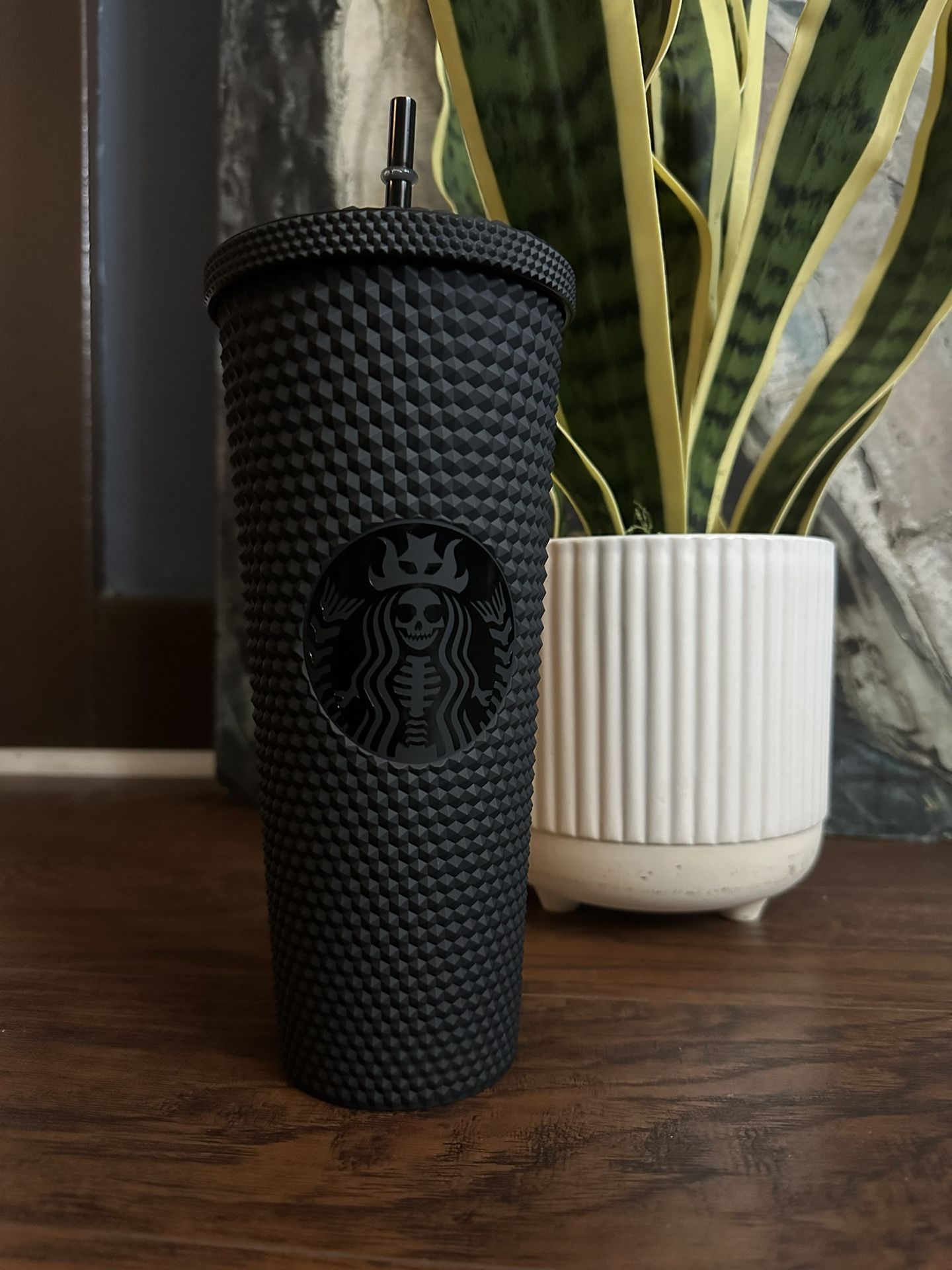 Custom 24oz Skeleton Starbucks Inspired Mermaid Design Matte Black Studded Tumbler