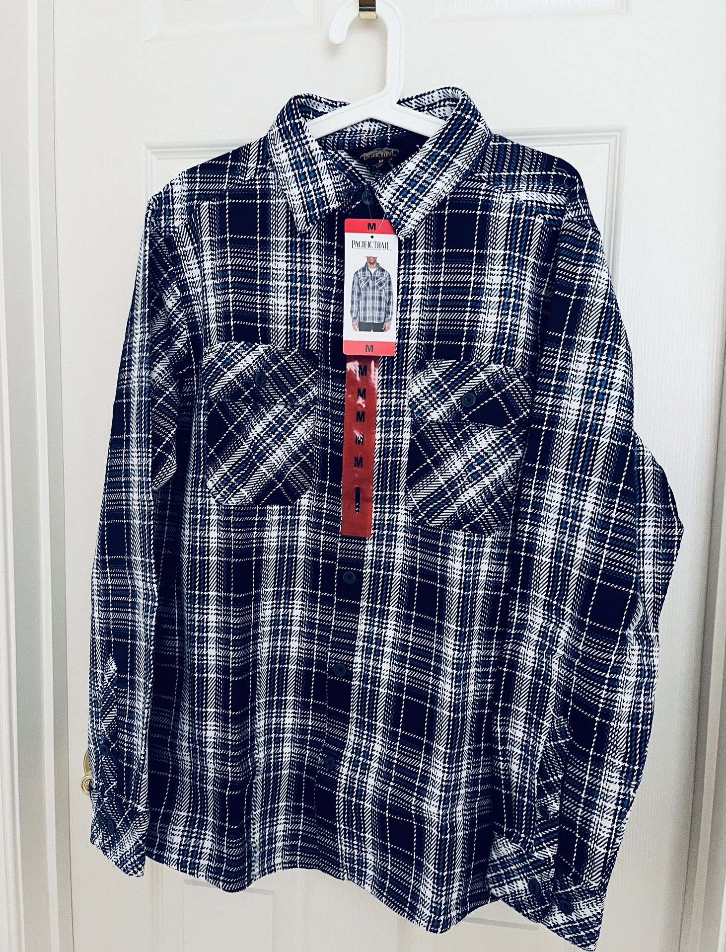 New Pacific Trail Men’s 100% Cotton Thick Long Sleeves Plaid Button Up Shirt Medium 
