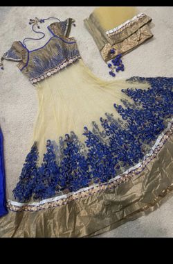 Three Piece Gold And Blue Net Anarkal