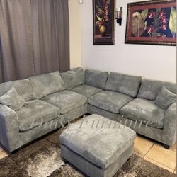 BRAND NEW GRAY CORDUROY SECTIONAL WITH OTTOMAN