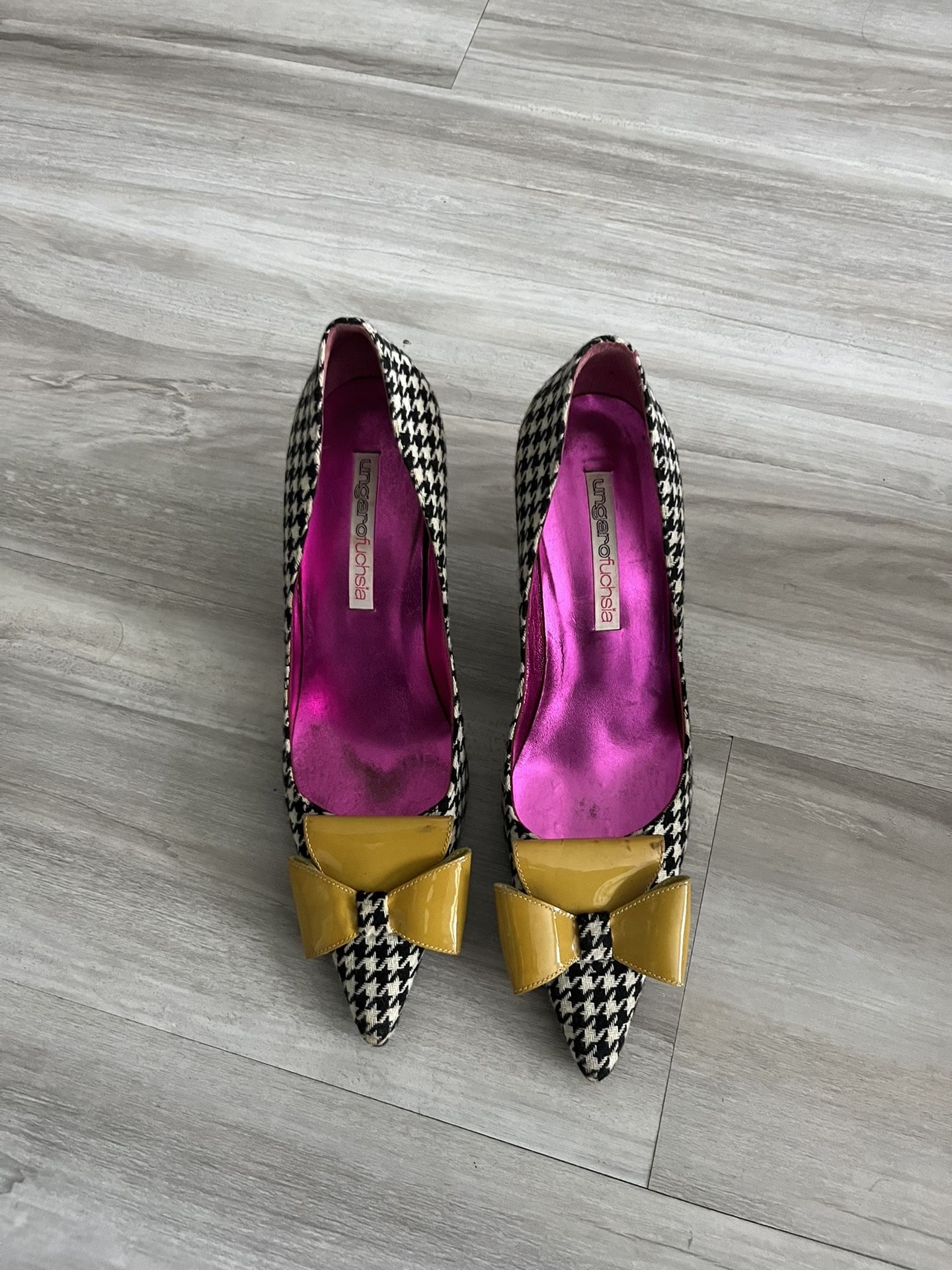 Y2K Emanuel Ungaro black white houndstooth wool pointed toe heels with bow 39