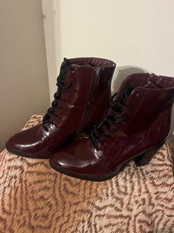 Burgundy Patent Leather Lace-Up Ankle Boots