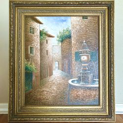 Vintage European Village Oil Painting with Ornate Gold Frame – 20x24