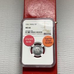 1961 Mail 5 Francs Maliens Hippopotamus Tied for Finest Known~Tied Finest ever graded Top of population NGC graded Gem uncirculated MS-66:~(IVID#1349/