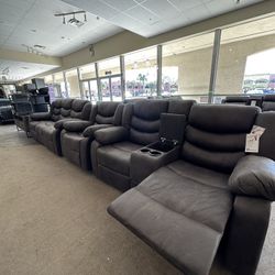 Grey Sofa, Loveseat, And Chair Recliner Cup Holders 