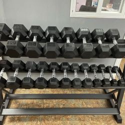 Brand New 5-50lb Rubber Hex Dumbbell Set With 3 Tier Dumbbell Rack; DELIVERY Is Available 🚚 CHECK DESCRIPTION FOR PRICE