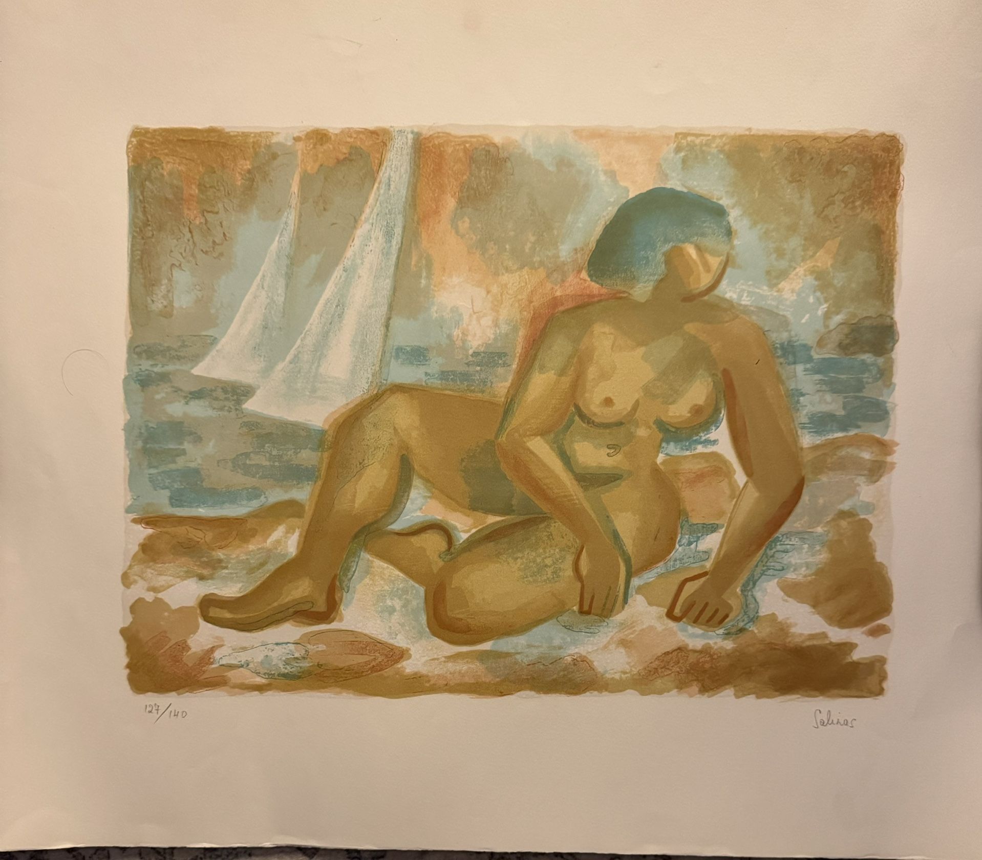 The lithograph "Nude on Beach with Sailboats" by Laurent Marcel Salinas, numbered 127/140