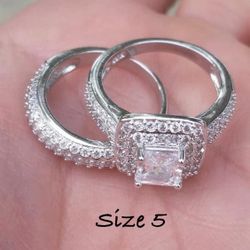 5 ⭐ Rated Diamonique and Silver Wedding Ring Set Size 5
