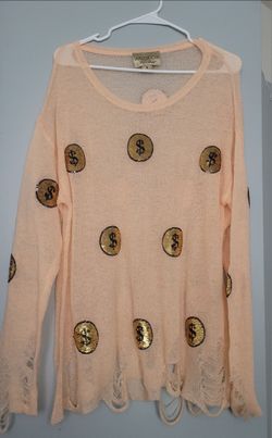 Wildfox Dollar Sign Sequin Distressed Knit Sweater