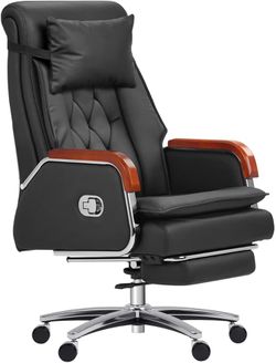 Kinnls Cameron Massage Chair Genuine Leather Executive Office Chair for Long Hours Ergonomic Home Chair Fully Reclining with Pillow,Retractable Footre