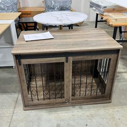 Large Dog Crate Furniture w/Sliding Barn Door, Wooden Indoor Dog Kennel w/Flip-top, 39.4'' Heavy Duty Modern Puppy Dog Cage End Table w/Detachable Div