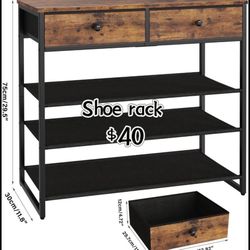 😀 Shoe Rack, 4 Tier Shoe Storage Organizer with 2 Drawers, 12-16 Pairs of Shoes, Metal Shoe Storage Shelf with 3 Oxford Fabric Shelves and Wooden Top