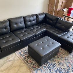 Brand New Heights Black Faux Leather Reversible Sectional with Storage Ottoman 
