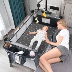 Portable Crib for Baby, Pack and Play with Bassinet, 5 in 1 Bedside Crib