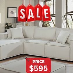 Sofa with Reversible Chaise in Beige Linen 104” Long - Modern Sectional Sofa Beige 