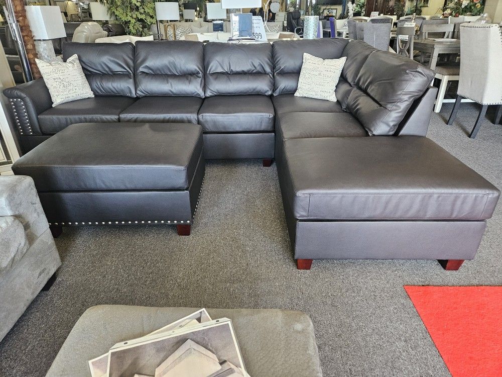 Brand New 112" x 85" Brown Bonded Leather Reversible Sectional + Ottoman
