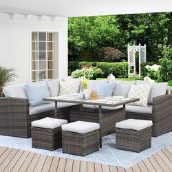 Wisteria Lane Outdoor Patio Furniture Set, 7-Piece Wicker Outdoor Dining Set with Dining Table and Footstool, Patio Table and Chair Set, Outdoor Secti