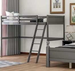 NEW Gray Twin Wood Loft Bed With Ladder