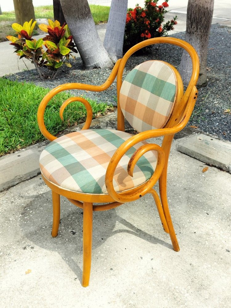 Vintage Thonet Style Bentwood Accent Side Chair Made In Romania And Accented With Bright Plaid Upholstery.