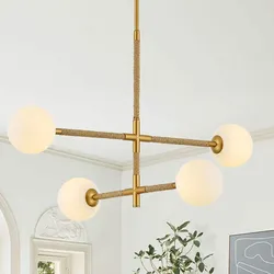 31" 4-Light Chandelier Boho Rattan Gold Pendant Adjustable Fixture Dining Room
