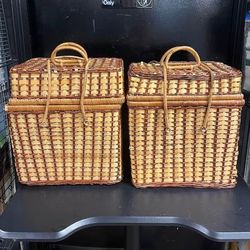 WICKER Picnic Basket w/locking for storage 14”x7”x12”. Both baskets have slight damage, see pics. $15 each 